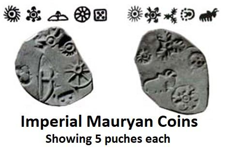 Imperial Mauryan Coins, Showing 5 Puches Each: Archaeological Sources Of Mauryan Empire