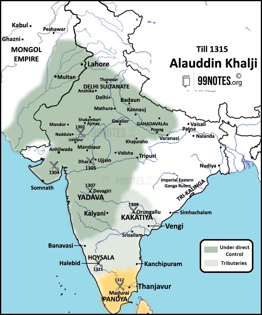 Map Of Delhi Sultanate Under Alauddin Khilji- Khilji Dynasty Upsc Notes 