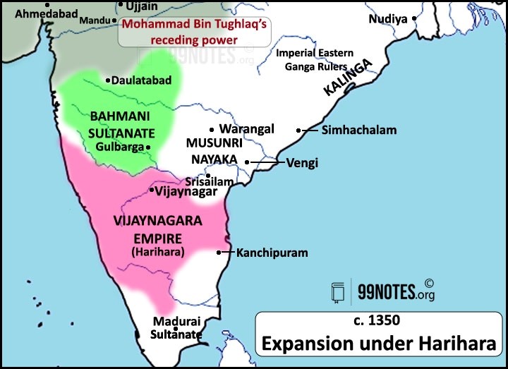 Map Of  Expansion Of Vijaynagara Empire Under Harihara  Upsc Notes