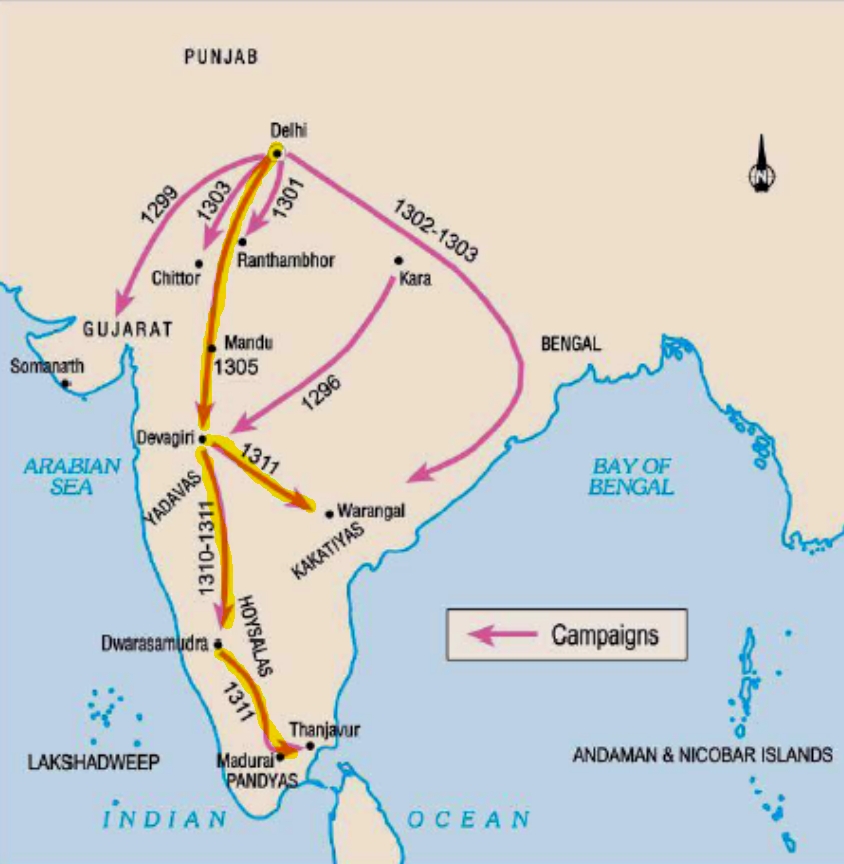 Alauddin Khilji'S Campaigns To South Led By Kafur (In Orage Colour)
