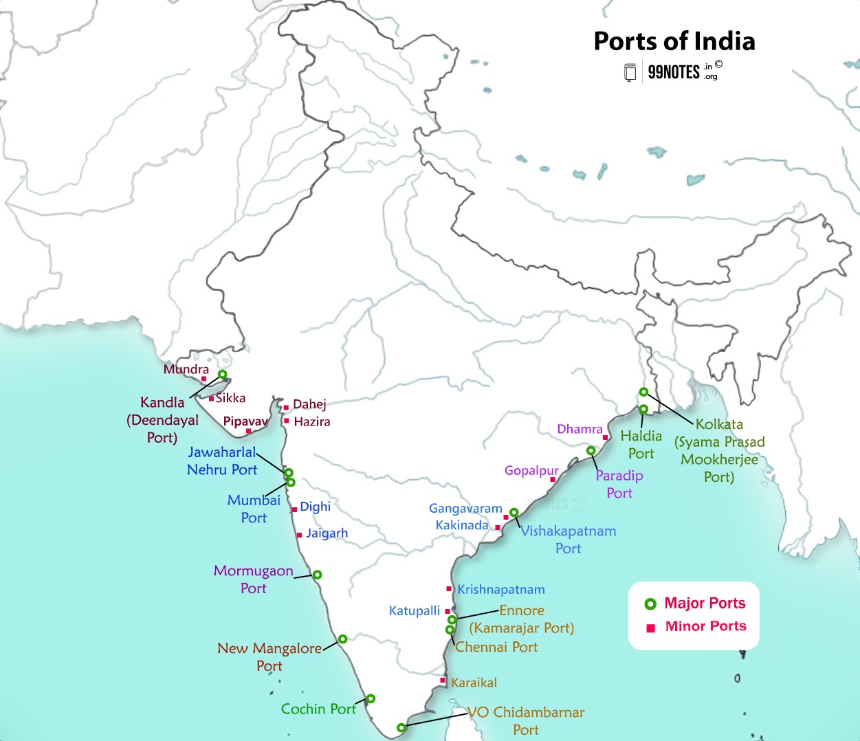 Ports Of India Map- Makor And Minor Ports