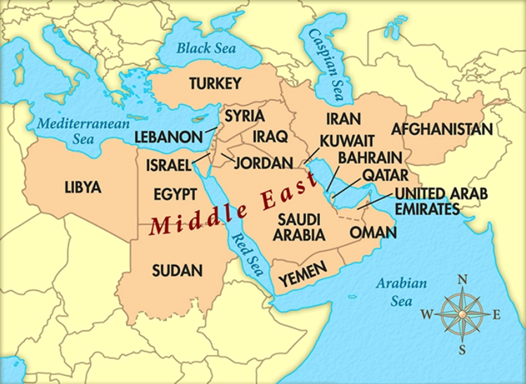 Map Of The Middle East Highlighting Countries Including Turkey, Syria, Iraq, Iran, Afghanistan, Jordan, Lebanon, Israel, Egypt, Libya, Sudan, Saudi Arabia, Yemen, Oman, United Arab Emirates, Qatar, Bahrain, And Kuwait. Surrounding Seas Are Labeled, Including The Mediterranean Sea, Black Sea, Caspian Sea, Arabian Sea, And Red Sea. A Compass Rose Is Shown In The Bottom-Right Corner.